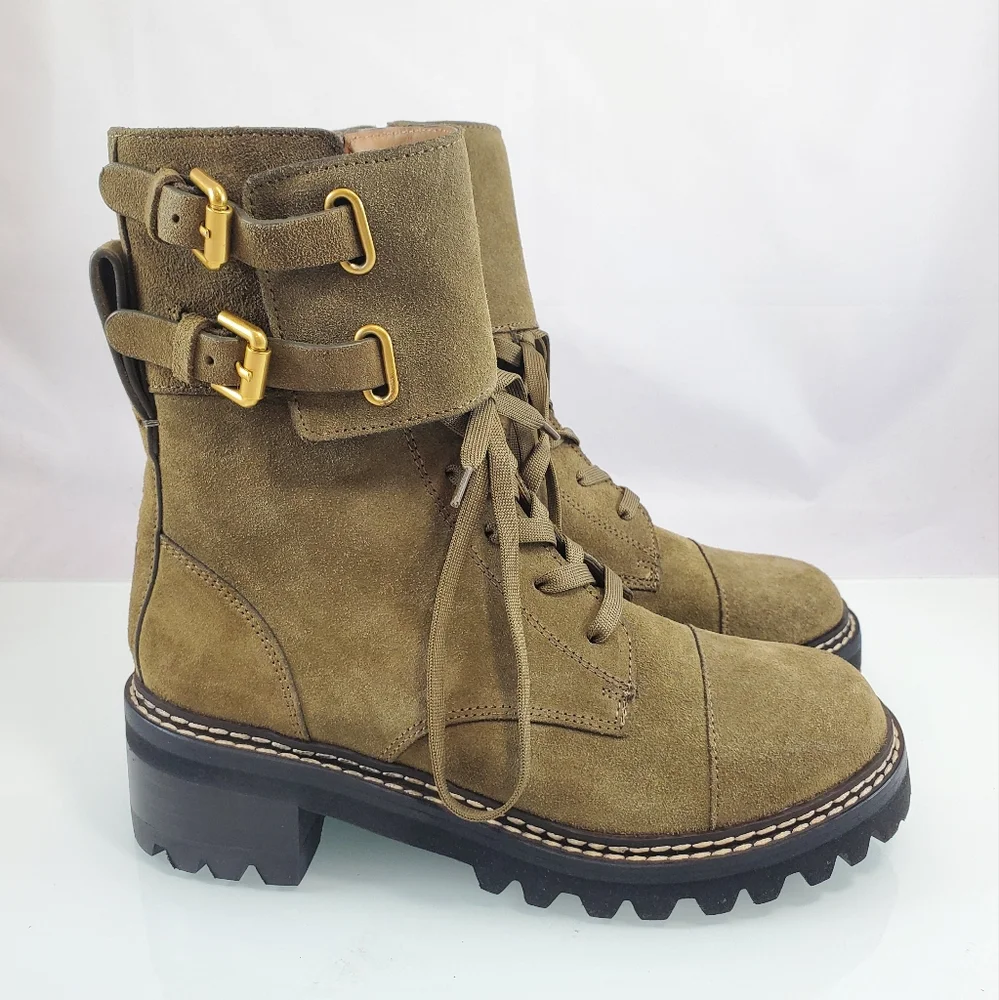 NWT$525 See by Chloe Mallory Leather Buckle Strap Ankle Combat Boots Sz 37.5 - Picture 4 of 12